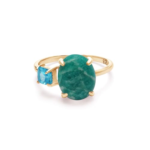 SILCASA Boho Amazonit Ring - ovaler Edelstein mit Blautopas Akzenten in vergoldeter Fassung - handgefertigter Statement-Schmuck 11,5 von SILCASA
