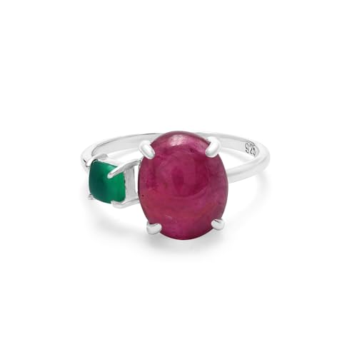 SILCASA Boho-Ring, Rubin – ovaler Mittelpunkt mit grünem Onyx, quadratisch, 9 x 11 mm und 4 mm Akzenten in Silber 11 von SILCASA