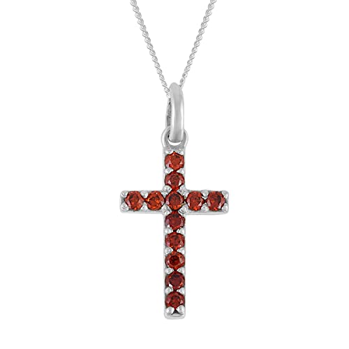 SILCASA Granat natürlicher Edelstein Geburtsstein Januar 925er Sterlingsilber Kreuz-Anhänger mit Kette für Damen Modeschmuck Geschenk 18'' von SILCASA