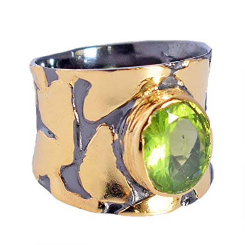SILCASA Grüner Peridot, rund, facettiert, 925er-Sterlingsilber, vergoldet, wunderschöner Ring für Frauen und Mädchen, 51 (16,2) von SILCASA