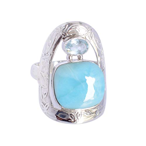 SILCASA Larimar, Blauer Topas, natürlicher Edelstein, 925er Sterlingsilber, Verlobungsring, Geschenk für Frauen, 56 (16,8) von SILCASA