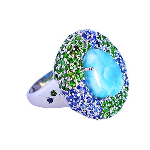 SILCASA Larimar, Chromdiopsid, blauer Saphir, natürlicher Edelstein, 925er Sterlingsilber, großer Ring, Geschenk für Frau, 53 (16,9) von SILCASA