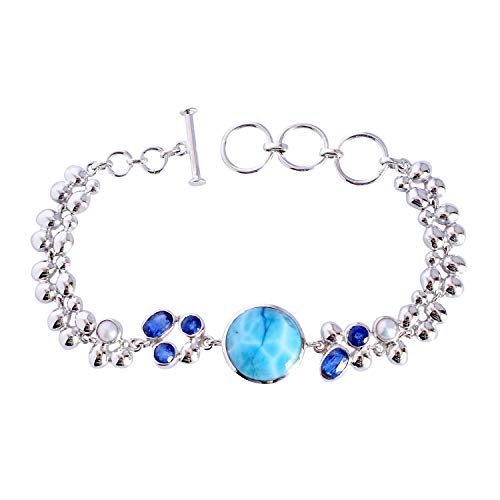 SILCASA Larimar, Kyanit, Perlenkettenarmband für Frauen 925 Sterling Silber handgefertigter Schmuck Geschenk von SILCASA