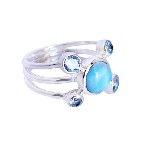 SILCASA Larimar, blauer Topas, natürlicher Edelstein, 925er Sterlingsilber, Versprechensring, Geschenk für Sie, 56 (16,8) von SILCASA