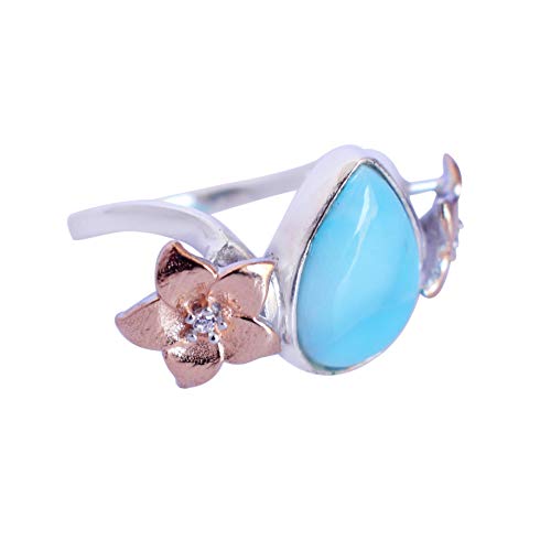 SILCASA Larimar, kubischer Zirkonia, natürlicher Edelstein, 925er Sterlingsilber, handgefertigter Ring, Geschenk, 57 (18,1) von SILCASA