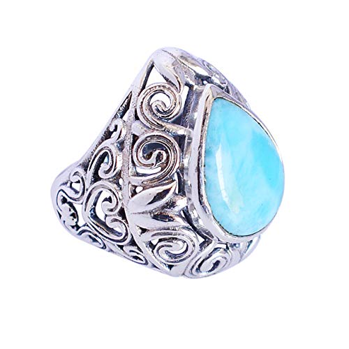 SILCASA Larimar Ehering aus 925er-Sterlingsilber, natürlicher Edelstein, Modeschmuck, 49 (15,6) von SILCASA