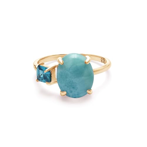 SILCASA Larimar Solitärring für Damen – ovaler Edelstein mit Blautopas-Akzenten in vergoldeter Fassung – handgefertigter Boho-Schmuck 6 von SILCASA