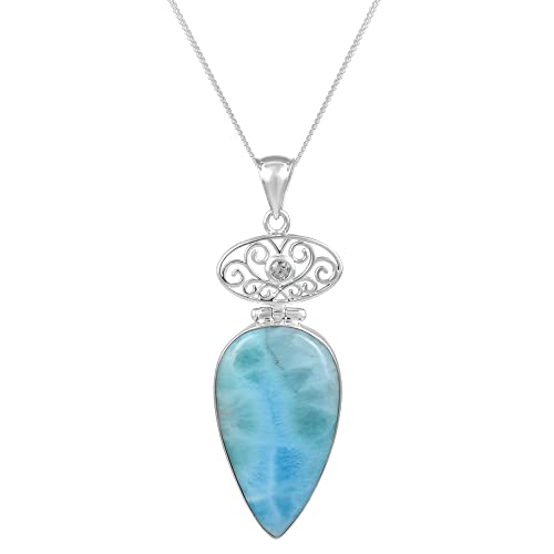 SILCASA Larimar und Blautopas Edelsteine Birne, runder Anhänger mit Kette Halskette für Frauen, handgefertigter individueller Schmuck, Partygeschenk für Sie, 2,3 Zoll von SILCASA