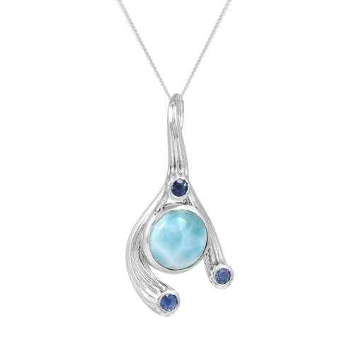 SILCASA Larimar- und Kyanit-Edelsteine, runder Anhänger mit Kette, Halskette für Frauen, handgefertigter individueller Schmuck, Party-Geschenk für Sie, 3,6 cm von SILCASA