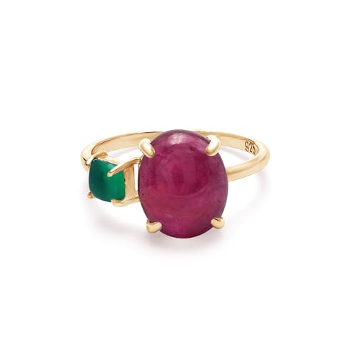 SILCASA Luxuriöser Rubin-Solitärring – ovaler Edelstein mit grünem Onyx-Quadrat 9 x 11 mm und 4 mm Akzenten in vergoldetem Band 5,5 von SILCASA