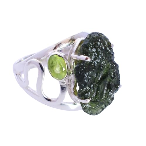 SILCASA Moldavit-Rohring, Reiki-Heilring, psychischer Schutzring, 925er Silber-Edelstein-Peridot-Ring, Tschechoslowakei-Ring/US-11,5/65 (20,7) / W 1/2 von SILCASA