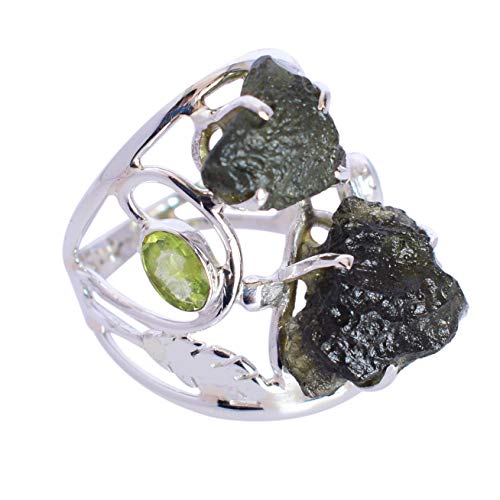 SILCASA Moldavit- und Peridot-Ring, Kristall-Energie-Ring, hochschwingender Kristall-Rohedelstein-Schmuck, 925 versilberter Ring/US-5/49 (15,6) / J 1/2 von SILCASA