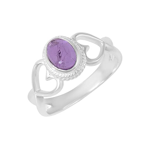 SILCASA Natürlicher Amethyst-Geburtsstein 6 x 8 mm oval 925er Sterlingsilber Edelstein-Ehering für Frauen und Mädchen 51 (16.2) von SILCASA