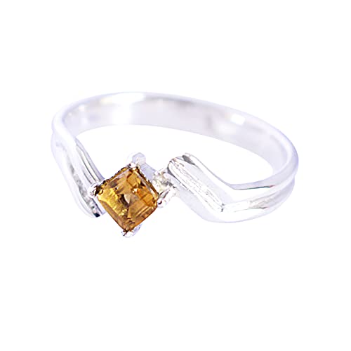 SILCASA Natürlicher Citrin 925er-Sterlingsilber handgefertigter Ring für Damen 4 x 4 mm quadratischer Edelstein Statement-Schmuck für Geschenk Vintage-Geschenk 51 (16.2) von SILCASA