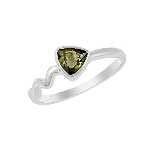 SILCASA Natürlicher Moldavit-Ring aus 925er-Sterlingsilber Geburtsstein 6 mm dreieckiger Schmuck Geburtstagsgeschenk für Frauen und Mädchen 58 (18.5) von SILCASA