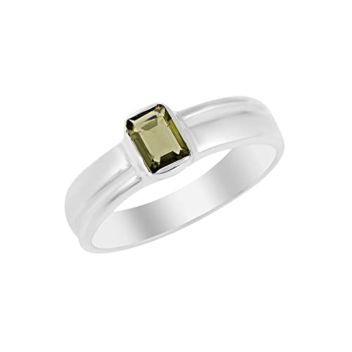SILCASA Natürlicher Moldavit-Ring aus 925er-Sterlingsilber handgefertigter Ring für Damen 6 x 4 mm rechteckiger Edelstein Statement-Schmuck für Geschenk 51 (16.2) von SILCASA
