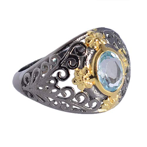 SILCASA Natürlicher blauer Topas, Braut-Hochzeitskollektion, wunderschönes 925er-Sterlingsilber mit schwarzem Rhodiumring 59 (16,6) von SILCASA