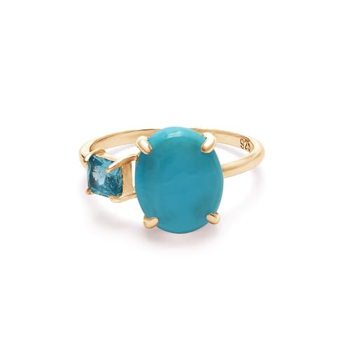 SILCASA Ring Türkis und Blautopas – ovales Solitär-Design mit quadratischen Akzenten in vergoldeter Fassung 11,5 von SILCASA