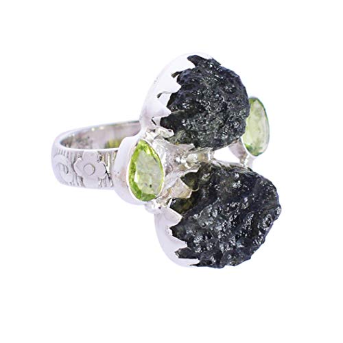 SILCASA Ring aus massivem Sterlingsilber mit Moldavit und Peridot, roher Rohedelstein, fabelhafter handgefertigter Schmuck, für Frauen/US-8/57 (18,1) / P 1/2 von SILCASA