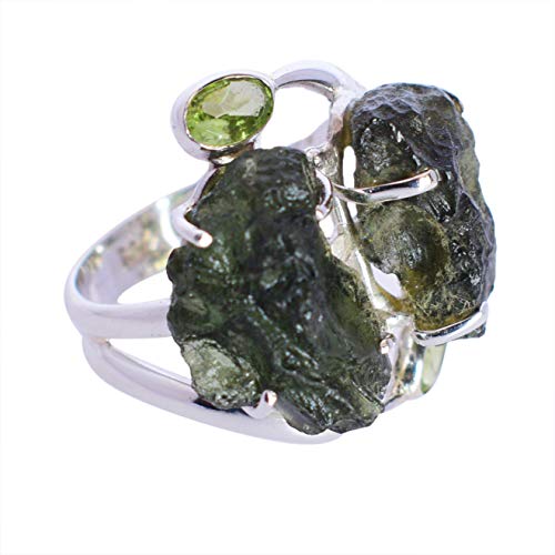 SILCASA Roher Moldavit- und Peridot-Ring für Damen, Schmuck, Verlobung, Jahrestag, Hochzeit, Versprechen, 925er Sterlingsilber, Statement-Geburtstagsgeschenke/US-11,5/65 (20,7) / W 1/2 von SILCASA