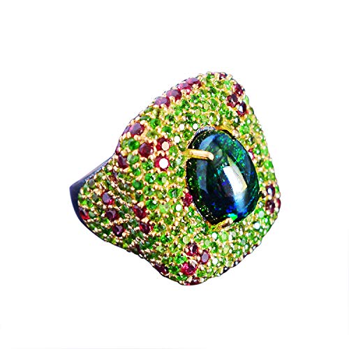 SILCASA Schwarzer Opal, Chromdiopsid, rosa Saphir, natürlicher Edelstein, 925er Sterlingsilber, handgefertigter Ring, Geschenk für geliebte Menschen, 58 (18,5) von SILCASA