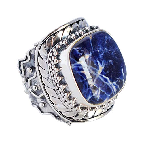 SILCASA Sodalith-Edelstein-Ring aus 925er-Sterlingsilber. Edelstein-Ring aus 925er-Sterlingsilber. Ausgefallener Cabochon-Designer-Modeschmuck 51 (16.2) von SILCASA