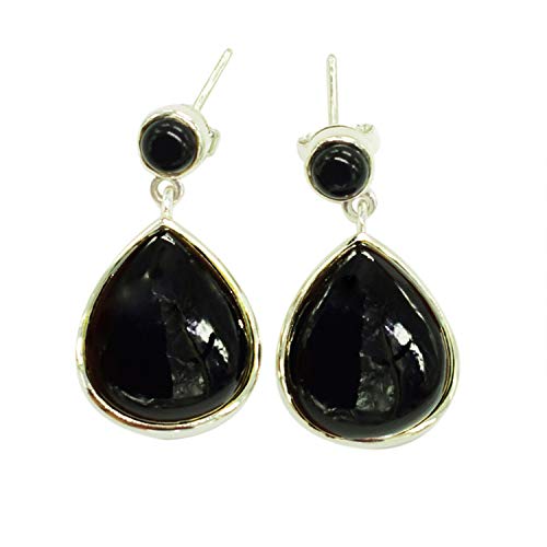 Schwarze Onyx-Birne, natürlicher Edelstein, 925er Sterlingsilber, böhmischer ethnischer Retro-Stil, Push-Back-Tropfen-Ohrringe für Frauen, Mädchen, Geschenk von SILCASA