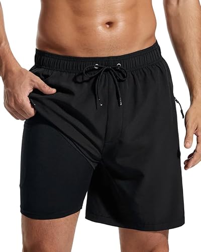 SILKWORLD Herren 18cm Schwimmhose mit Kompressionsfutter & Seitentaschen-Reißverschluss, Schwarz, Größe XXL von SILKWORLD
