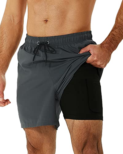 SILKWORLD Herren Schwimmhose mit Kompressionsfutter 2-in-1 Schnelltrocknend mit Reißverschlusstaschen Dunkelgrau, Größe L von SILKWORLD
