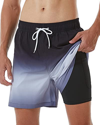 SILKWORLD Herren Schwimmhose mit Kompressionsfutter 2-in-1 Schnelltrocknend mit Reißverschlusstaschen Grau-Schwarz Verlauf, Größe M von SILKWORLD