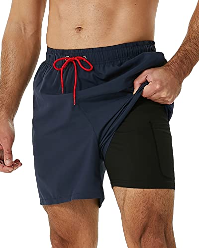 SILKWORLD Herren Schwimmhose mit Kompressionsfutter 2-in-1 Schnelltrocknend mit Reißverschlusstaschen Marineblau, Größe S von SILKWORLD