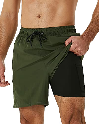 SILKWORLD Badehose für Herren mit Kompression Liner Atmungsaktiv Schnelltrocknend Badeshorts Schwimmhose 2 in 1 Badehosen mit Reißverschlusstaschen, Olivgrün, L von SILKWORLD
