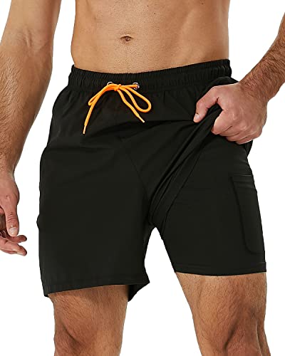 SILKWORLD Herren Schwimmhose mit Kompressionsfutter 2-in-1 Schnelltrocknend mit Reißverschlusstaschen Schwarz, Größe XL von SILKWORLD