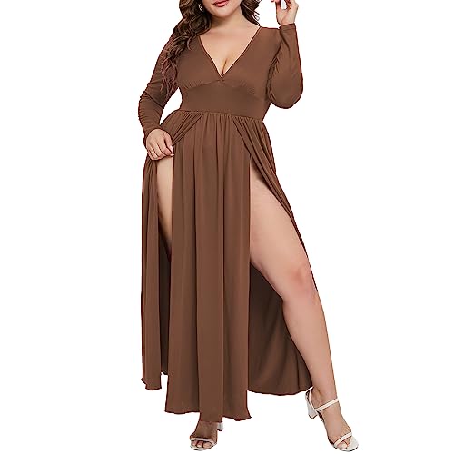 SILUI Damen 2023 Herbst Plus Size Sexy Doppel Hoher Schlitz Tiefer V-Ausschnitt Langarm Oberschenkel Split Maxi Club Party Kleider, Braun, XX-Large Mehr SILUI Damen 2023 Herbst Plus Size Sexy Doppel Hoher Schlitz Tiefer V-Ausschnitt Langarm Oberschenkel Split Maxi Club Party Kleider, Braun, XX-Large Mehr von SILUI