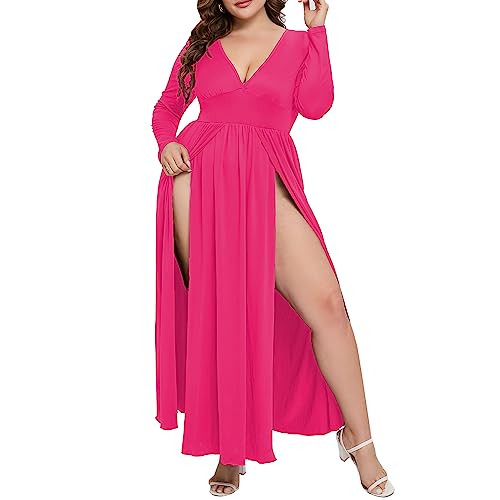 SILUI Damen 2023 Plus Size Double High Slit Tiefer V-Ausschnitt Ärmellos Oberschenkel Split Maxi Club Party Kleider, Pink, XXX-Large Mehr von SILUI
