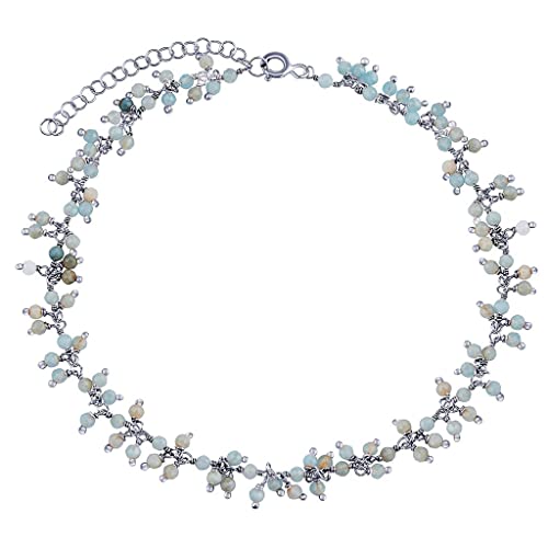 SILVEGO Damen Fußkettchen aus 925 Sterling Silber mit echtem Aquamarin 3 mm Kugeln von SILVEGO