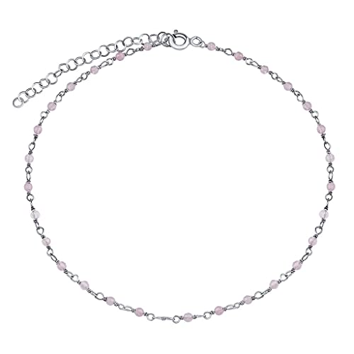 SILVEGO Damen Fußkettchen aus 925 Sterling Silber mit echtem Rosenquarz 2 mm Kugeln von SILVEGO