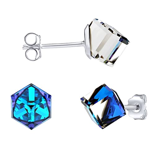 SILVEGO Damen Ohrringe aus 925 Sterling Silber mit Swarovski Crystals Würfel Ohrstecker 6 mm Farbe Bermuda Blue von SILVEGO