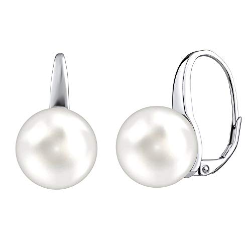 SILVEGO Damen Ohrringe aus 925 Sterling Silber mit Weißer Perle Swarovski Crystals 12 mm von SILVEGO