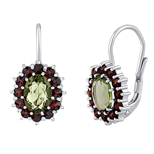 SILVEGO Damen Ohrringe aus 925 Sterling Silber mit echtem Moldavit und Granaten aus Tschechien von SILVEGO