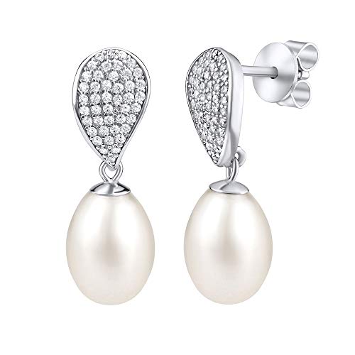 SILVEGO Damen Ohrringe aus 925 Sterling Silber mit echter weißer Perle und Zirkonia Ohrstecker 8 x 26 mm von SILVEGO