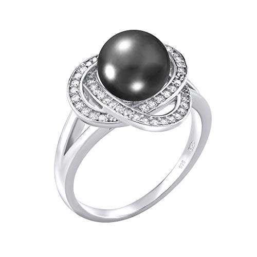 SILVEGO Damen Ring aus 925 Sterling Silber mit echter schwarzer Perle und Zirkonia von SILVEGO