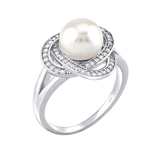 SILVEGO Damen Ring aus 925 Sterling Silber mit weißer natürlicher Perle und Zirkonia von SILVEGO