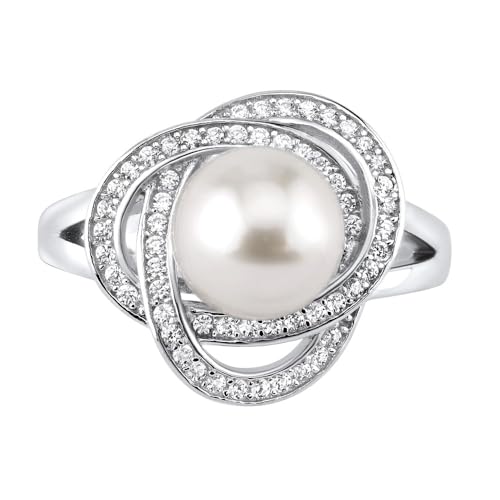 SILVEGO Damen Ring aus 925 Sterling Silber mit weißer natürlicher Perle und Zirkonia von SILVEGO