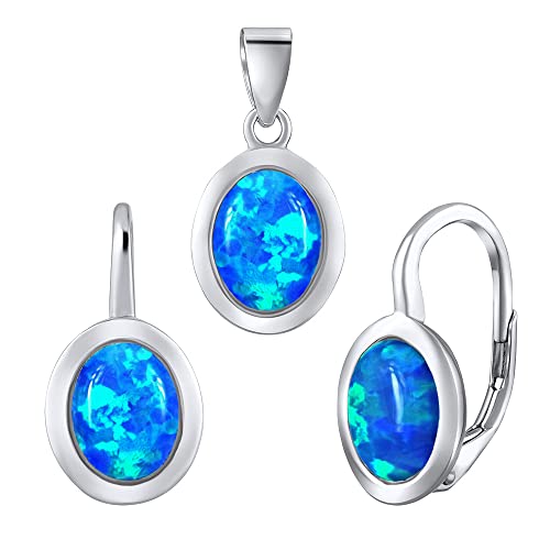 SILVEGO Damen Schmuck-Set aus 925 Sterling Silber Oval mit synthetischem blauem Opal Ohrringe und Anhänger von SILVEGO