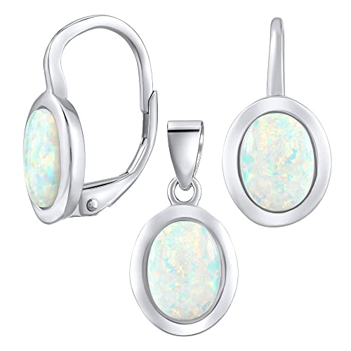 SILVEGO Damen Schmuck-Set aus 925 Sterling Silber Oval mit synthetischem weißem Opal Ohrringe und Anhänger von SILVEGO