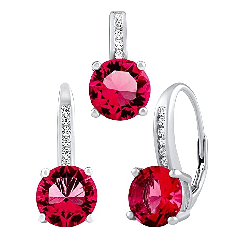 SILVEGO Damen Schmuck-Set aus 925 Sterling Silber mit synthetischem rotem Rubin Ohrringe und Anhänger 8 mm von SILVEGO