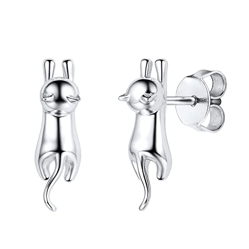 SILVERCUTE 925 Sterlingsilber Ohrringe Süße Katze Kätzchen Ohrstecker Weißgold überzogen Ohrschmuck für Damen Mädchen Katzeliebhaber Ear Studs Accessoire für Weihnachten Geburtstag von SILVERCUTE