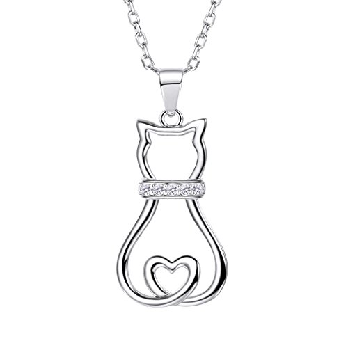 SILVERCUTE Damen Collier 925 Sterling Silber Katze mit Herz Schwanz Anhänger Weißgold überzogen Rolokette mit Zirkonia süße Mädchen Frauen Schmuck für Weihnachten Geburtstag von SILVERCUTE