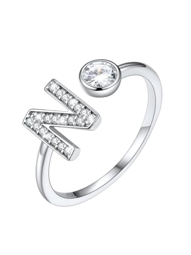 SILVERCUTE 925 Silber Buchstabe N Offener Ring Zirkonia Initiale Statement Ring Alphabet verstellbar Fingerring Vorsteckring Schmuck Accessoire für Damen Mädchen von SILVERCUTE